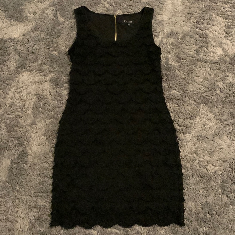 Guess Black Textured Sleeveless Sheath Dress with Gold Back Zip